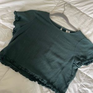 “Me To We” Deep Green Ruffled-Edge Cropped Tee